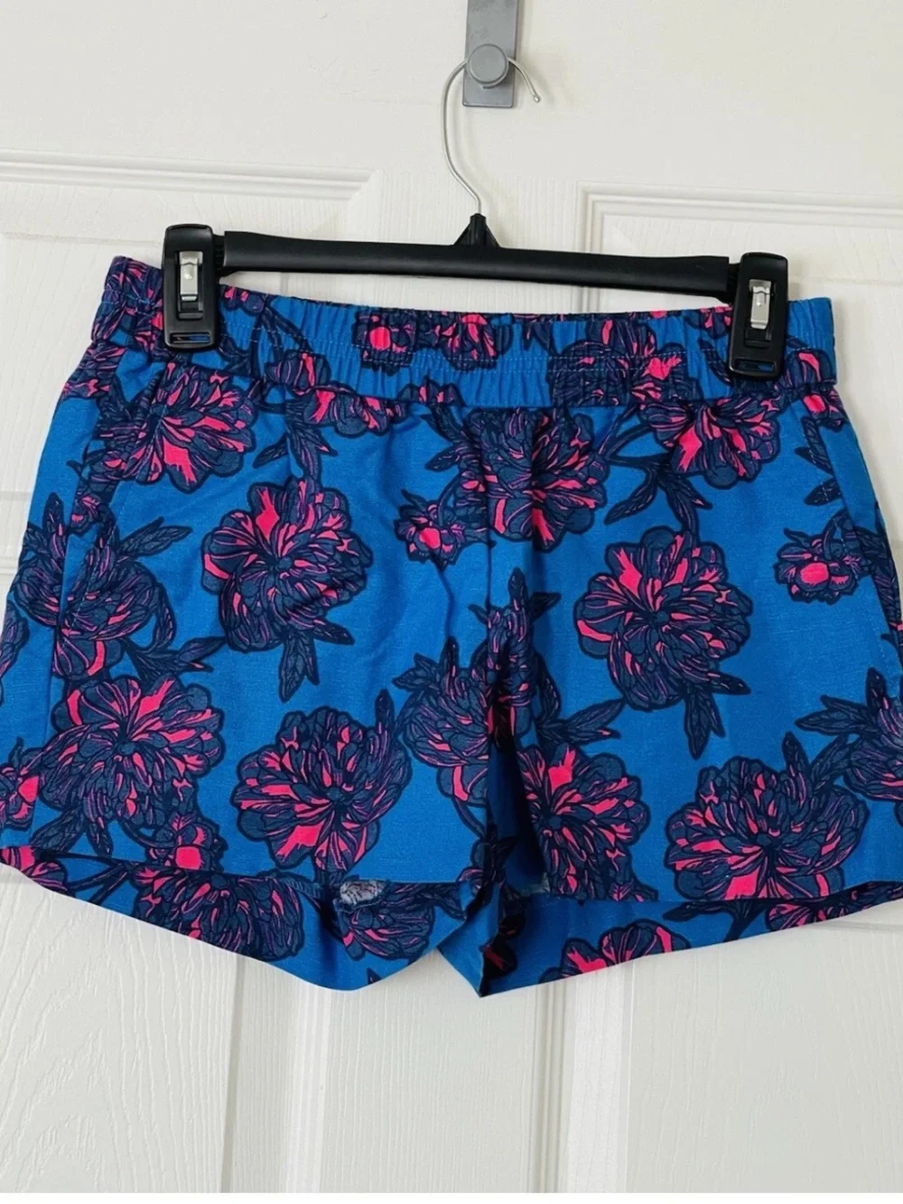J Crew Women’s Elastic-Waist Linen Blend Shorts in Blue & Pink Size 10 NWOT